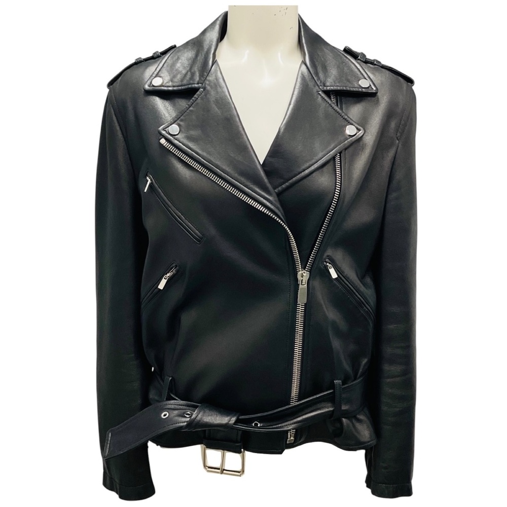 MICHAEL KORS COLLECTION BLACK LAMB LEATHER MOTO ZIP JACKET